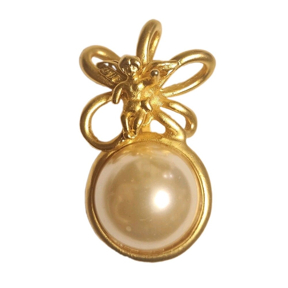 Vintage Gold Tone Cherub Bow Giant Pearl Christmas Holiday Brooch Pin Ángel